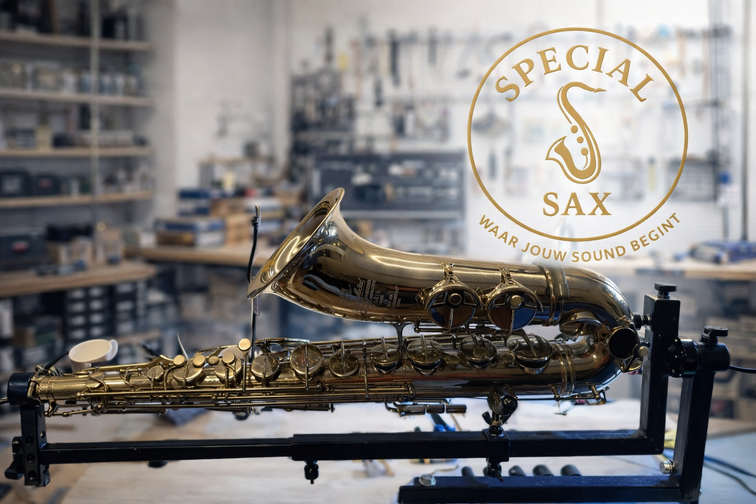 Professioneel onderhoud van een saxofoon op de werkbank