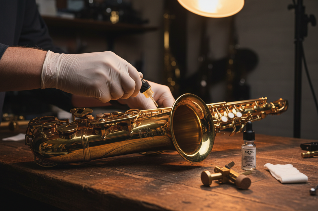 Professioneel onderhoud van saxofoon in werkplaats