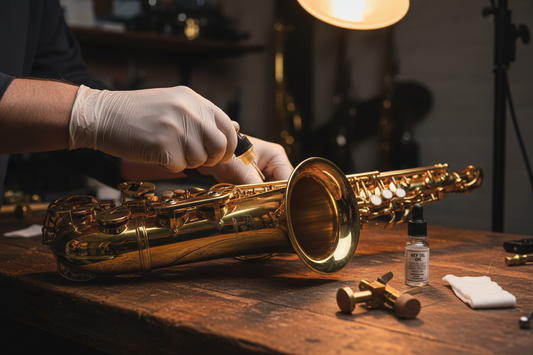 Professioneel onderhoud van saxofoon in werkplaats