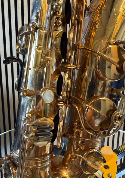 Close-up of the main keywork, pearl touches and original gold lacquer on a 1968 Selmer Mark VI tenor saxophone