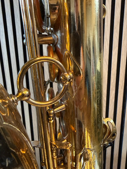 Close-up of the high F-sharp key and body mechanism on a 1968 Selmer Mark VI tenor saxophone in original gold lacquer