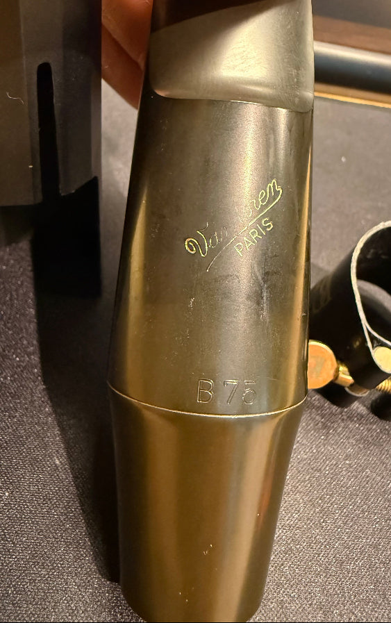Close-up of the Vandoren B75 model marking on the baritone saxophone mouthpiece