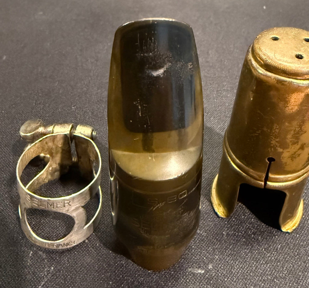 Front view of the vintage Selmer S80 C-star soprano saxophone mouthpiece
