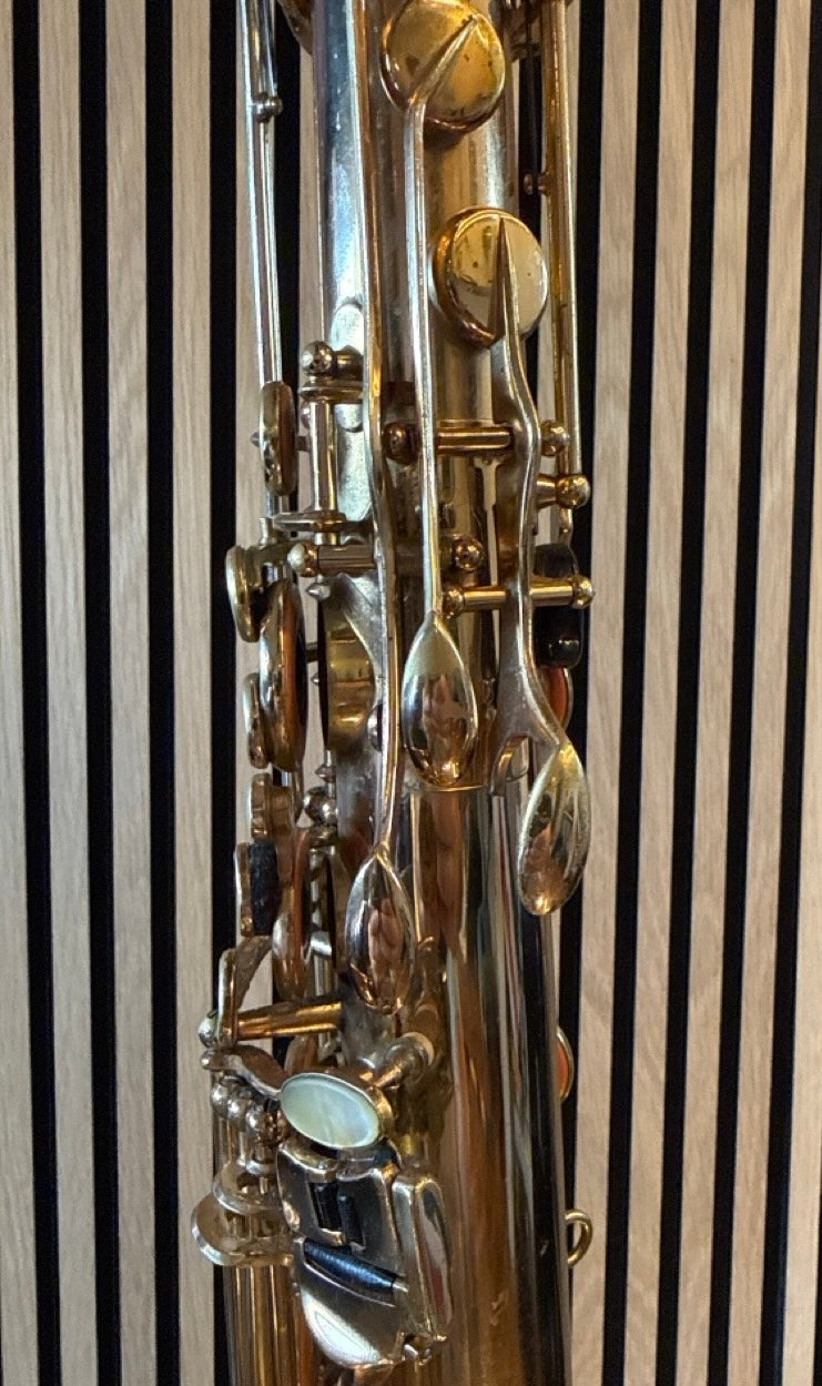Close-up of the side keywork and pearl key touches on a 1968 Selmer Mark VI tenor saxophone in original gold lacquer