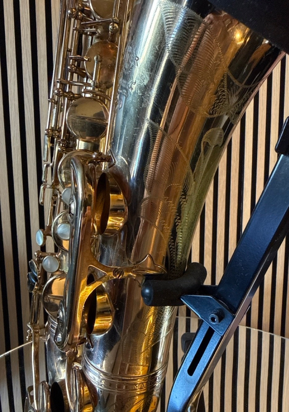 Close-up of the bell engraving, keywork and original gold lacquer on a 1968 Selmer Mark VI tenor saxophone