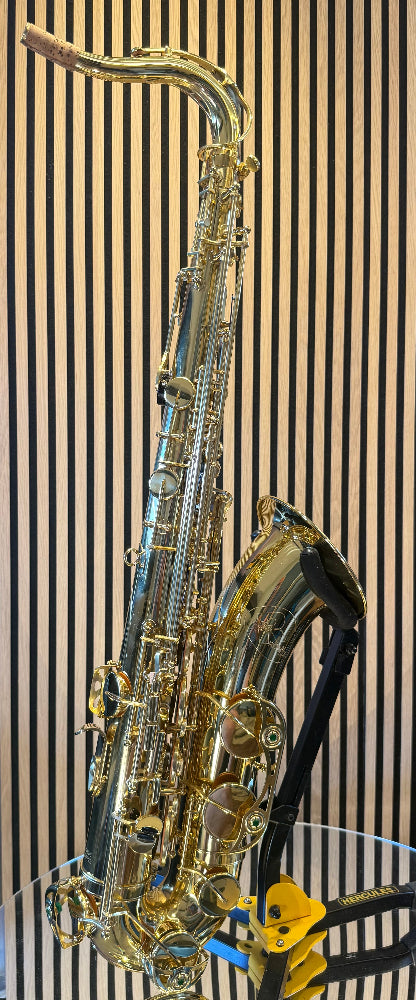 Royal Winds by Borgani RTS55 tenor saxophone in gold lacquer – full rear-side view showing body, keywork and bell
