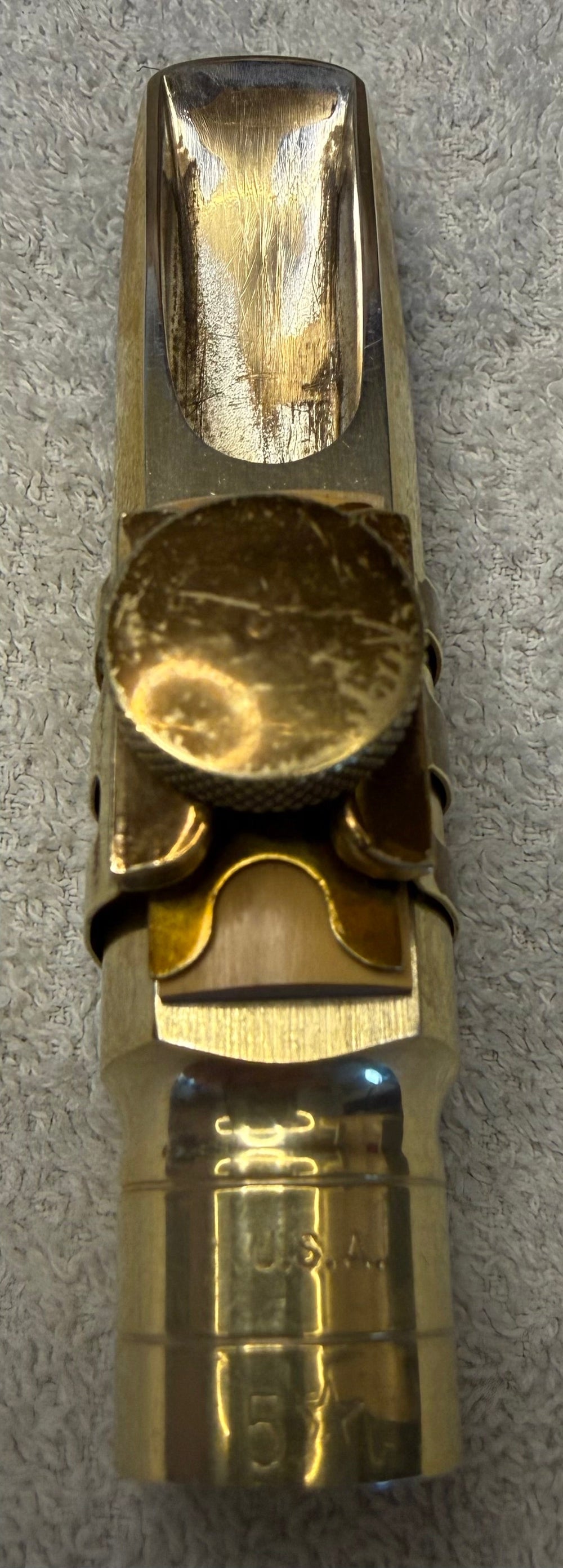 Close-up of Otto Link Super Tone Master USA 5 star tenor saxophone mouthpiece engraving
