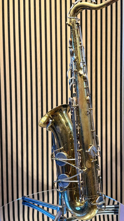 Vintage Selmer Bundy tenor saxophone, front view.