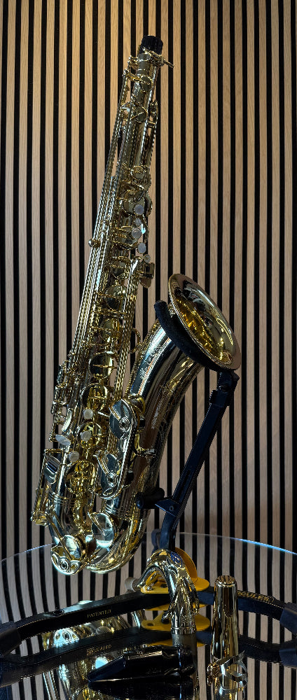 Selmer Super Action 80 Series II tenor saxophone in gold lacquer – full rear-side view showing keywork, bell engraving and original neck
