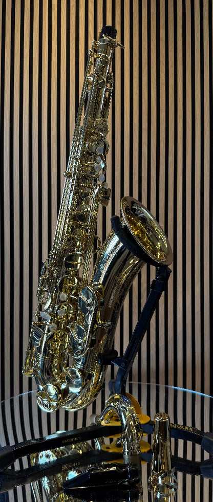 Selmer Super Action 80 Series II tenor saxophone in gold lacquer – full rear-side view showing keywork, bell engraving and original neck
