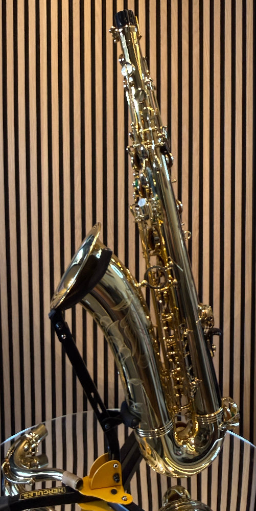 Selmer Super Action 80 Series II tenor saxophone in gold lacquer – full side view on display stand
