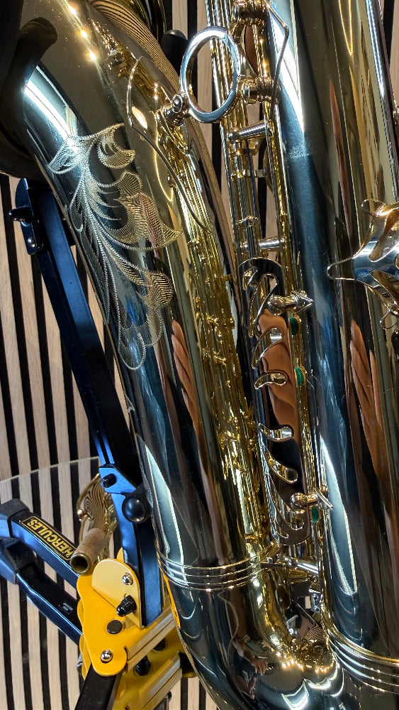 Selmer Super Action 80 Series II tenor saxophone in gold lacquer – close-up of bell engraving, body tube and side keywork

