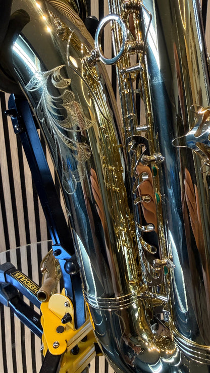 Selmer Super Action 80 Series II tenor saxophone in gold lacquer – close-up of bell engraving, body tube and side keywork
