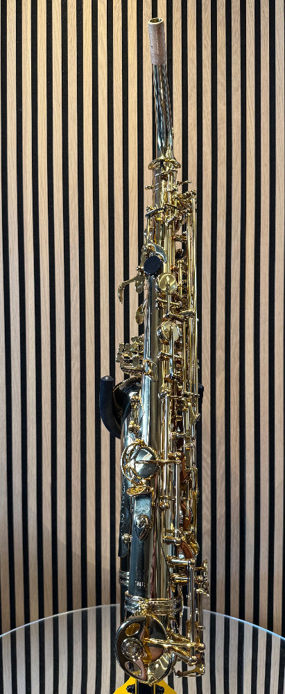 Trevor James SR alto saxophone in gold lacquer – side profile showing detailed keywork and body construction
