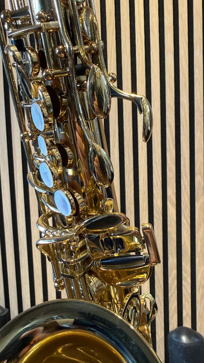 Trevor James SR alto saxophone in gold lacquer – close-up of pearl key touches, side keys and upper keywork
