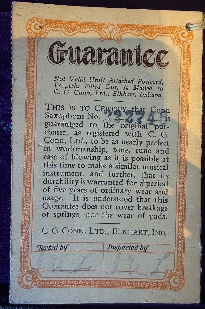 Original Conn vintage guarantee certificate document

