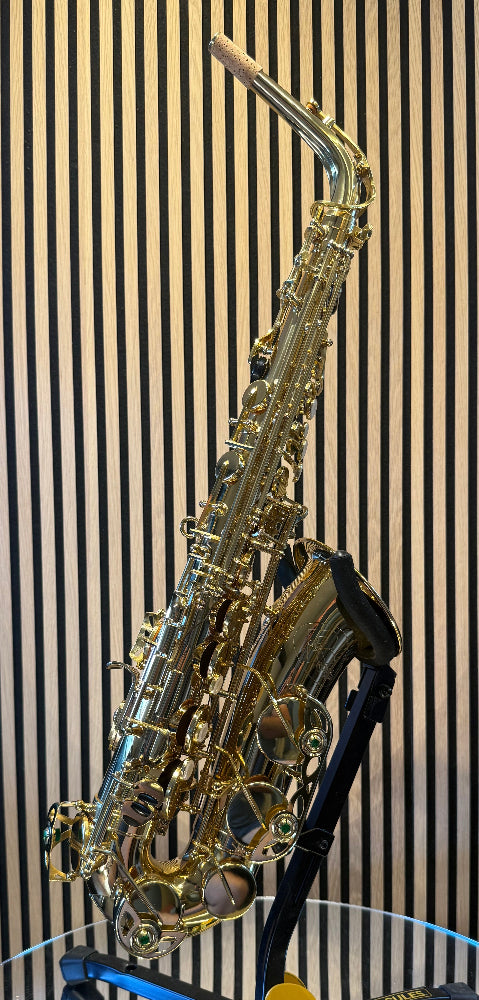 Royal Winds by Borgani RAS55 alto saxophone in gold lacquer – full front-side view showing keywork, bell and neck

