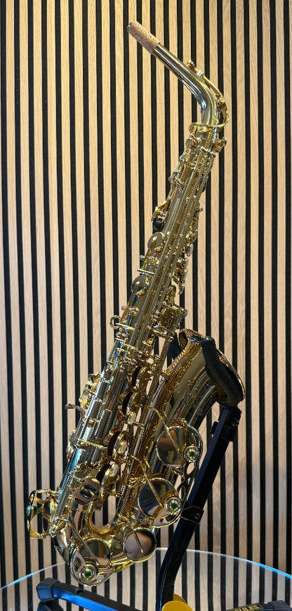Royal Winds by Borgani RAS55 alto saxophone in gold lacquer – full front-side view showing keywork, bell and neck
