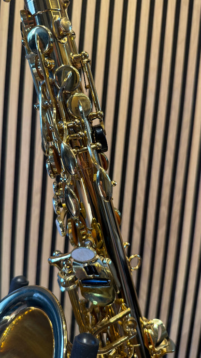Royal Winds by Borgani RAS55 alto saxophone in gold lacquer – close-up of upper keywork, palm keys and pearl key touches
