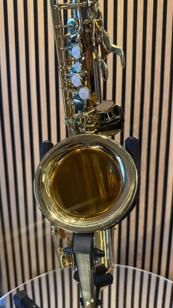 Royal Winds by Borgani RAS55 alto saxophone in gold lacquer – close-up of bell opening, pearl key touches and upper keywork
