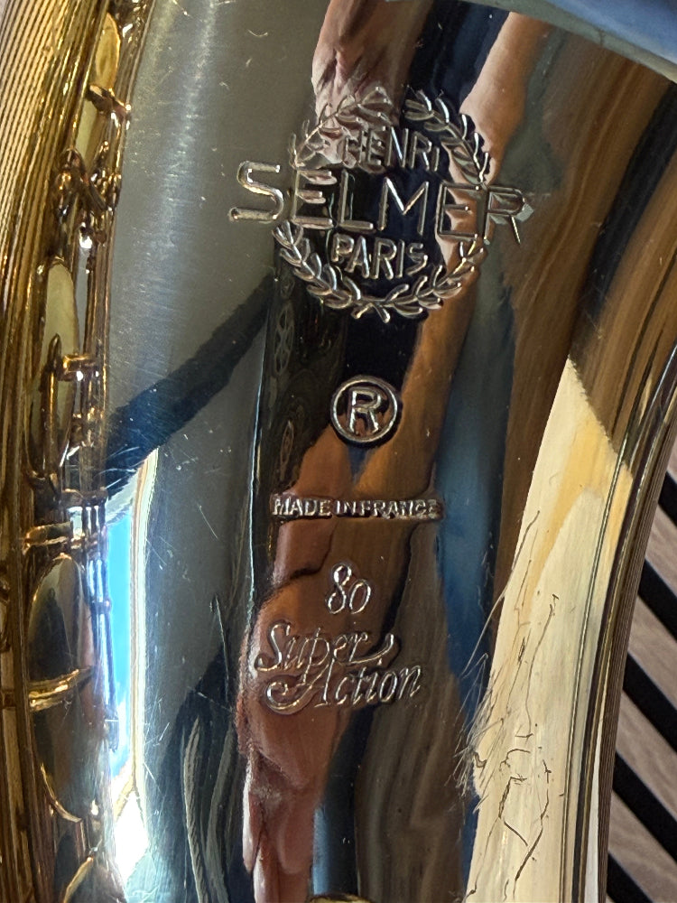 Selmer Super Action 80 Series I bell engraving detail
