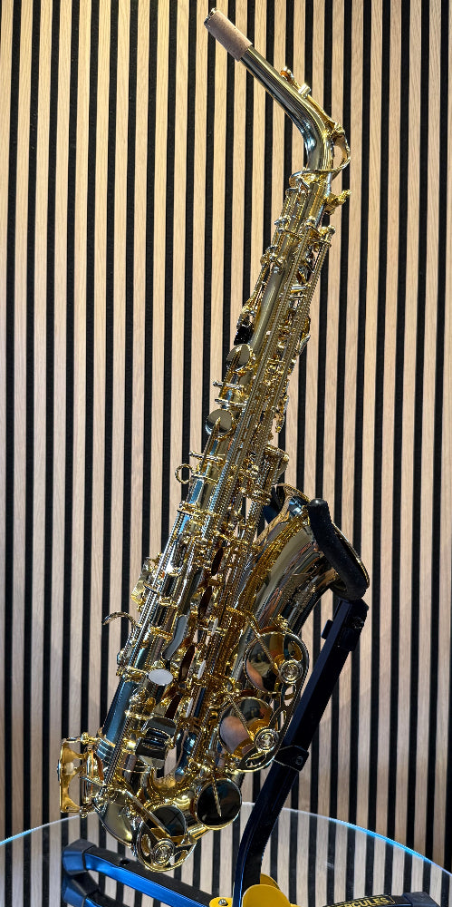 Trevor James The Horn alto saxophone in gold lacquer – full front-side view showing keywork, bell and neck
