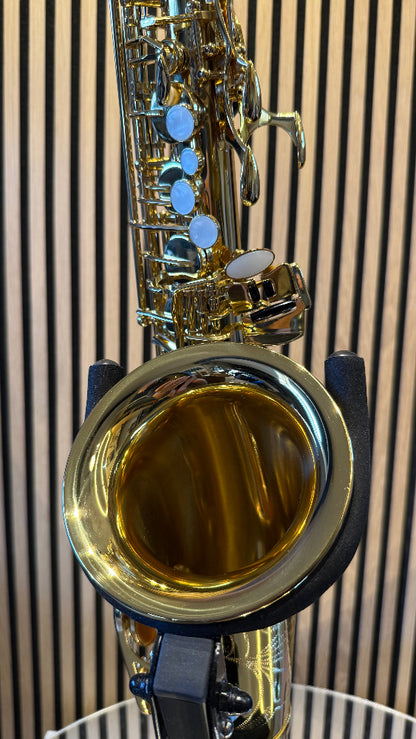 Trevor James The Horn alto saxophone in gold lacquer – close-up of bell opening, pearl key touches and upper keywork
