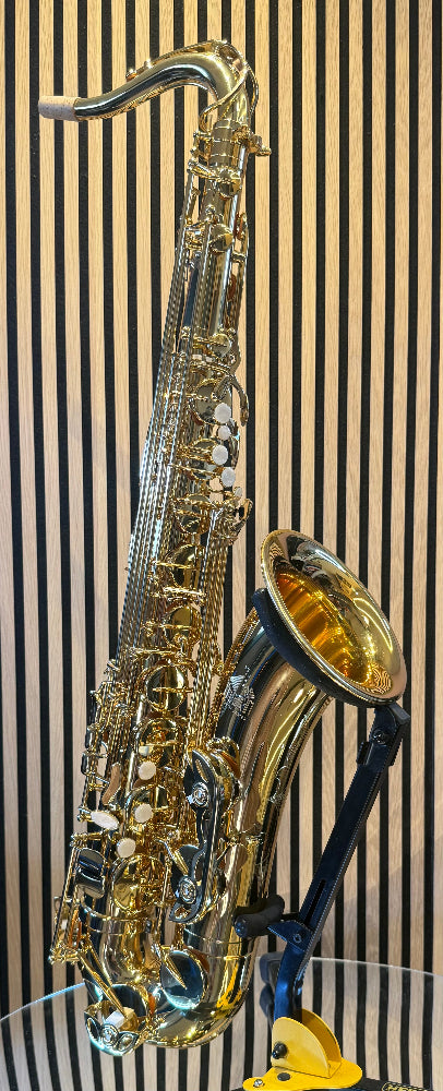 Trevor James The Horn tenor saxophone in gold lacquer – full front-side view showing keywork, bell and neck
