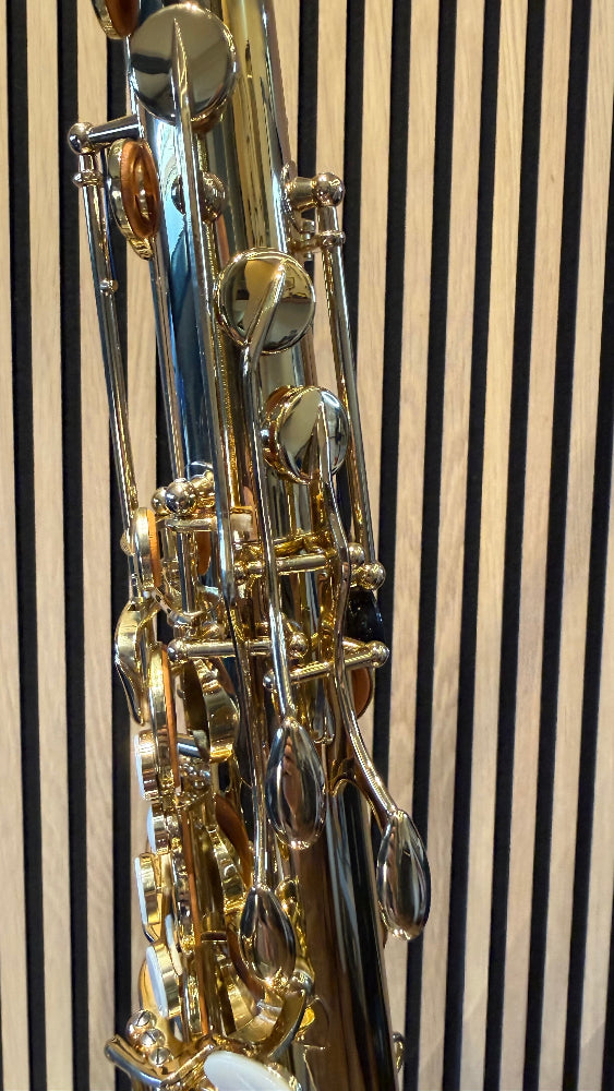 Trevor James The Horn tenor saxophone in gold lacquer – close-up of palm keys, tone holes and upper keywork
