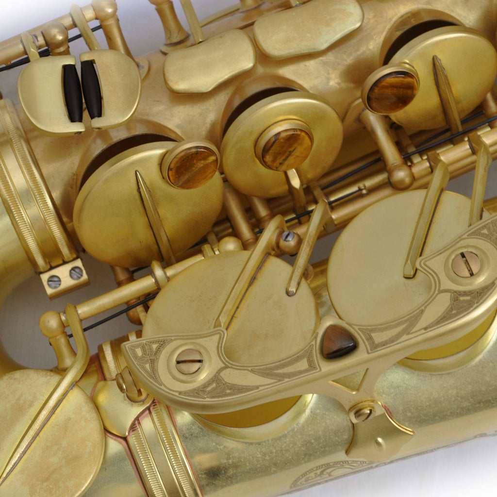 Close-up of Cannonball A5 Mad Meg alto saxophone bell and engraving