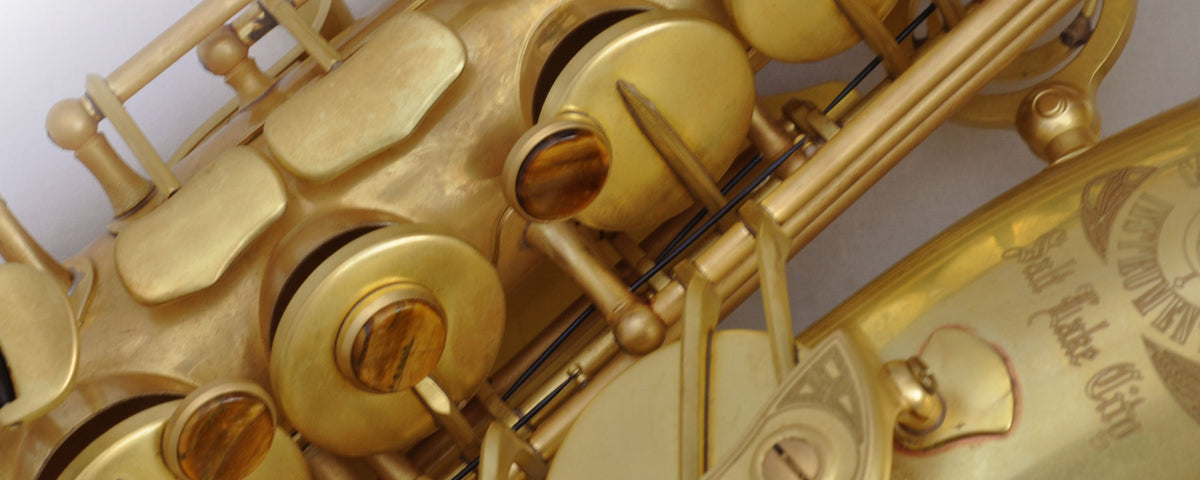 Detail of Cannonball A5 Mad Meg alto saxophone body, rods and key mechanism