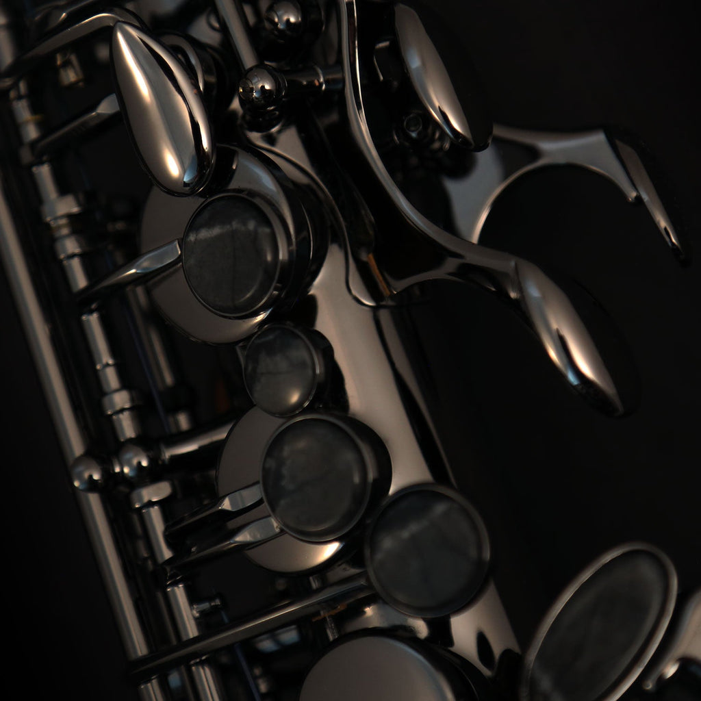 Close-up of Cannonball A4-B alto saxophone keywork and pearl key touches