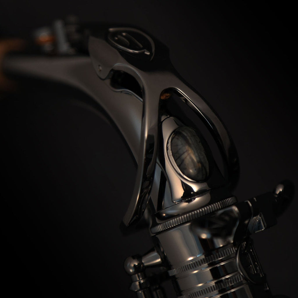 Detail of Cannonball A4-B black nickel alto saxophone upper body and octave mechanism