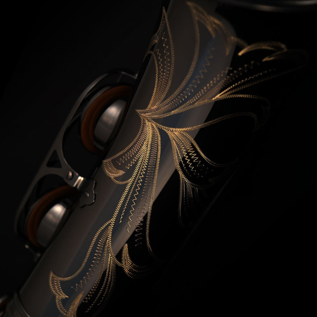 Cannonball T4-B tenor saxophone hand engraving detail on polished black nickel