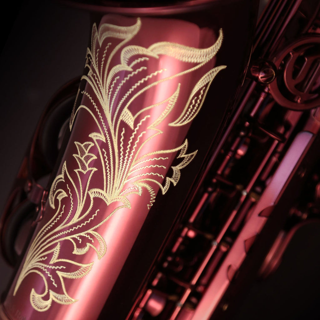Cannonball A5-R alto saxophone – engraved bell detail in Black Ruby lacquer