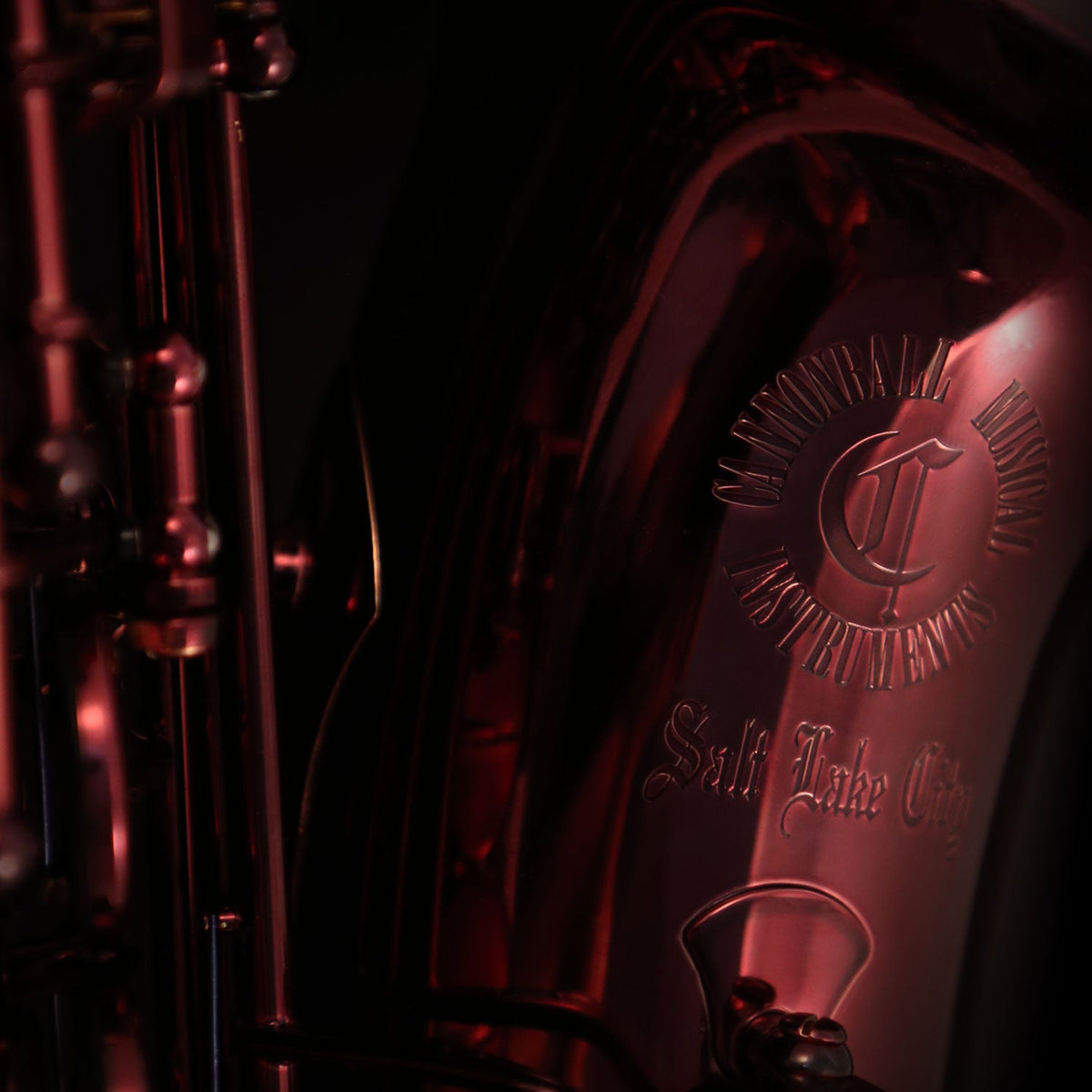 Cannonball A5-R alto saxophone – lower body and bell key mechanism detail