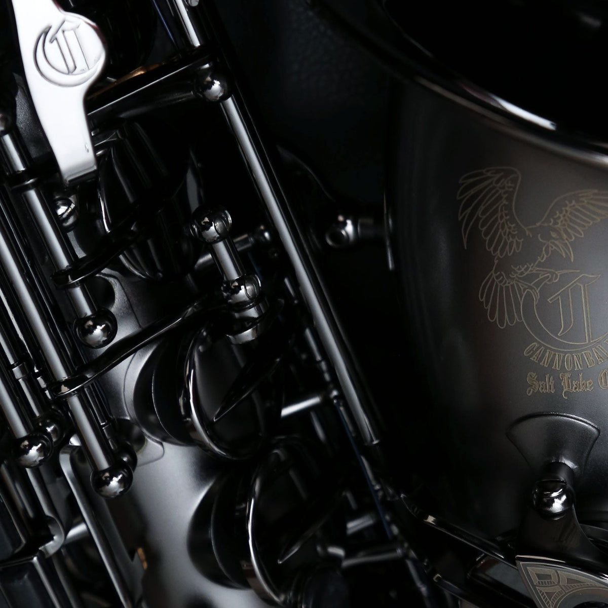 Cannonball A5-B Ice B alto saxophone – iced black body and keywork close-up