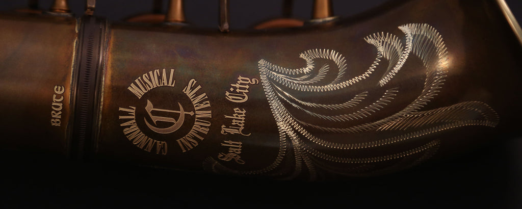 Example of The Brute aged brass engraving detail on a Cannonball soprano saxophone