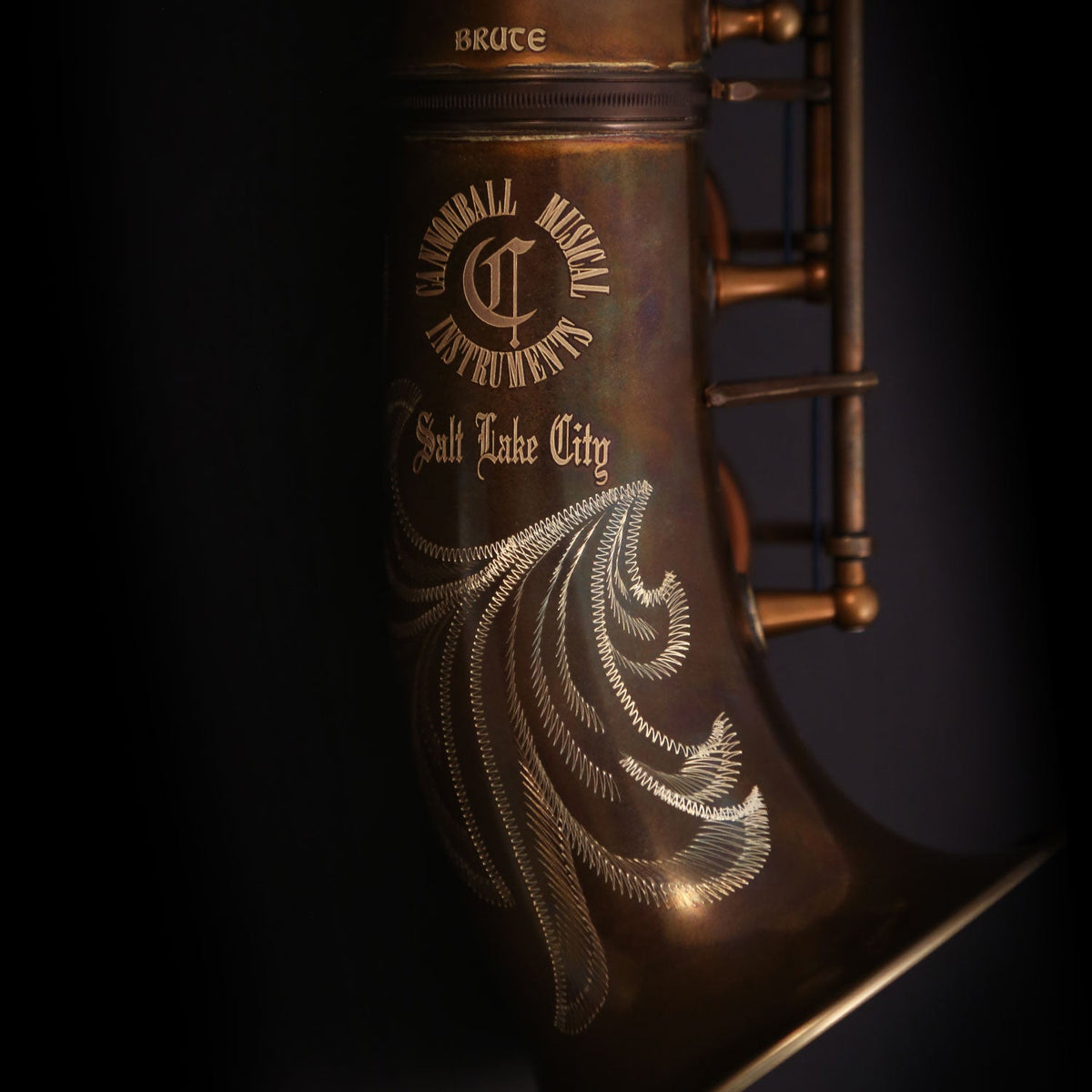 Example of The Brute aged brass engraving detail on a Cannonball soprano saxophone