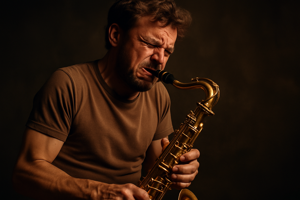 Saxofonist die moeite heeft om te spelen